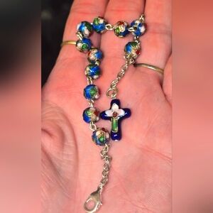 Vingage 80s Elegant Blue Mosaic Style Beaded Rosary Bracelet.
